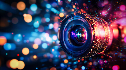 Wall Mural - Abstract video camera lens with colorful lights. Concept of digital media production in cinema and television.