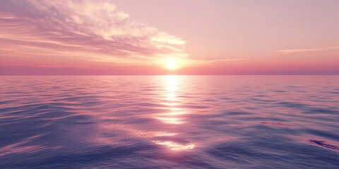 Wall Mural - serene dusk over calm sea reflecting soft pink and purple hues with a glowing sunset on the horizon,