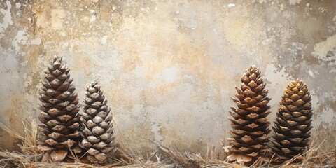 Poster - Textured vintage paper backdrop showcasing four pine cones arranged on a light-colored weathered background with subtle earthy tones and rustic details.