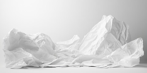 Canvas Print - Crumpled white paper arranged in mountain-like shapes against a smooth white background creating a sense of isolation and simplicity