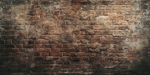 Poster - Textured brown brick wall with grunge finish featuring visible cracks and a distressed look offering ample copy space for creative design projects