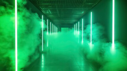 Aufkleber - Futuristic green neon lit corridor with smoke.