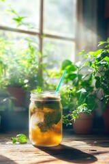 Wall Mural - Refreshing iced tea in mason jar with mint leaves, sunlight streaming through window, surrounded by lush green plants