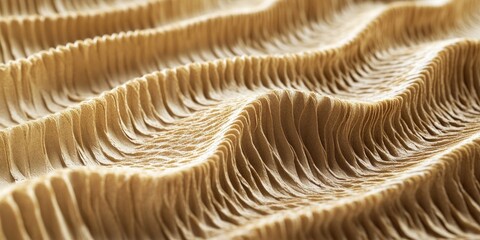 Wall Mural - Close-up of wavy beige corrugated cardboard texture showcasing distinct surface patterns and ridges in soft natural lighting