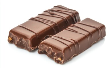 A melted chocolate bar with two squares of milk and dark chocolate stacked on top, isolated on a white background