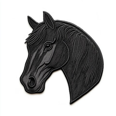 a flight suit arm patch featuring a black horse head, isolated on a white background.