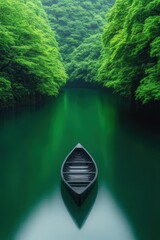 Wall Mural - A serene scene featuring a solitary black boat floating on calm emerald waters, surrounded by lush greenery, Ideal for calming backgrounds, nature themes, or travel content,