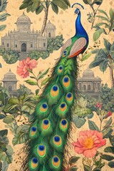 Wall Mural - a vibrant peacock perches on a tree branch, showcasing its colorful plumage