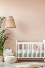 Canvas Print - Modern nursery design featuring white crib, soft textures, and warm pastel colors with decorative elements