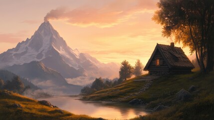 Wall Mural - A tranquil landscape features a quaint wooden cabin beside a serene lake, with a majestic mountain partially shrouded in mist at sunset, Ideal for nature-themed projects, travel brochures