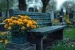 © Fotograf - A wooden bench surrounded by yellow flowers in a peaceful cemetery setting