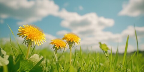 A pair of bright yellow dandelions growing amidst lush green grass