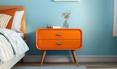 Canvas Print - Modern orange nightstand with two drawers, stylish decor, cozy bedroom setting, blue wall, minimalist design, decorative vase with flowers, glasses on top