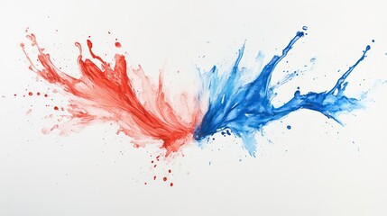 Wall Mural - Red and blue paint splashes collide on white background.