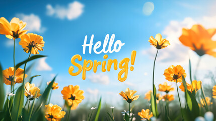 Wall Mural - Hello Spring banner background. Beautiful blooming yellow spring flowers on a background of blue sky and text Hello Spring.