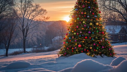 snowy christmas trees glow in the cold winter park