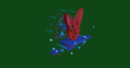 Wall Mural - Red hare's head symbol on a pedestal of abstract geometric shapes floating in the air. Abstract concept art with flying shapes in the center. 3d illustration on green background