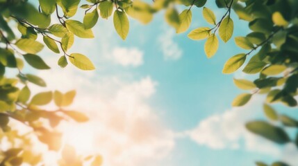 Wall Mural - Leaves create a natural frame against a vibrant blue sky filled with soft, white clouds, capturing the serenity of a sunny afternoon