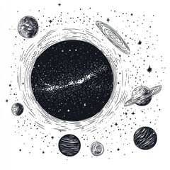 Wall Mural - black and white illustration of planets and stars in space