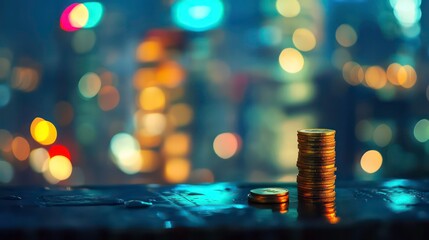 Fototapete - Stack of gold coins on a reflective surface with a blurred city lights background.