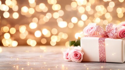 Wall Mural - Soft pink roses and a beautifully wrapped gift with twinkling lights create a romantic atmosphere, ideal for celebrations or surprises