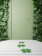 © Onzdemia - A serene green door framed by lush leaves and four-leaf clovers on a white floor.