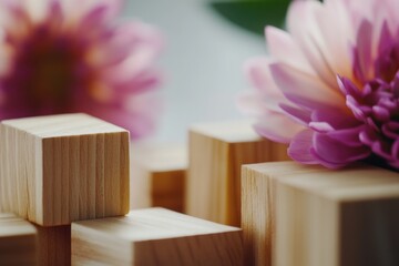 Wall Mural - Close-up shot of a wooden block with a flower blooming in the background