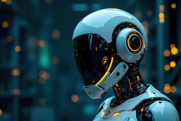 Futuristic robot wearing helmet with glowing lights in dark environment