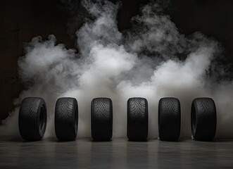 Wall Mural - Four new tires in a row on a dark background with smoke. --ar 125:91 --quality 2 --style raw --v 6.1 Job ID: 8992c5a9-7365-46cb-b3fc-f0efee15cba3