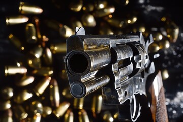 A close-up shot of a gun with spent bullet shells in the background, suitable for crime or action scenes