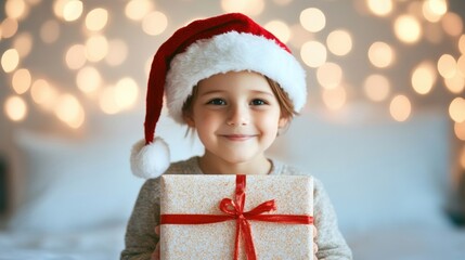 Wall Mural - A cheerful child sits in bed, excitedly holding a beautifully wrapped Christmas gift, surrounded by warm, twinkling lights