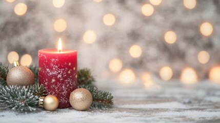 Wall Mural - A glowing red candle sits on a festive arrangement of Christmas decorations, with soft bokeh lights adding a warm ambiance during the holiday season