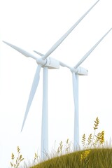 Wall Mural - A pair of wind turbines situated on the crest of a grassy hill, surrounded by lush vegetation