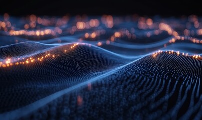 Abstract connected dots and lines on blue background. Communication and technology network concept with moving lines and dots., Generative AI