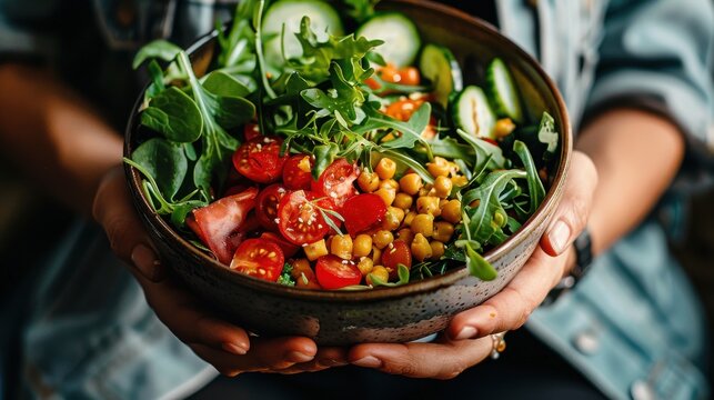 Person Holding Bowl of Fresh Salad with Greens, Tomatoes and Chickpeas