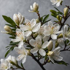 Wall Mural - A top-down view of a white azalea branch, with blossoms and unopened buds, against a clear background.