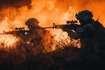 Wall Mural - Two males gathered around a warm flame, possibly on an outdoor adventure or enjoying a cozy moment