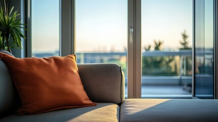 Poster - Cozy living room scene with a couch and orange pillow near a window