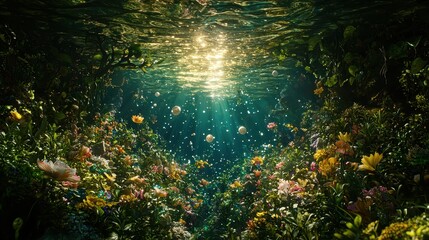 Wall Mural - a celestial river glowing softly under the light of twin moons. radiant fish swim in perfect harmony