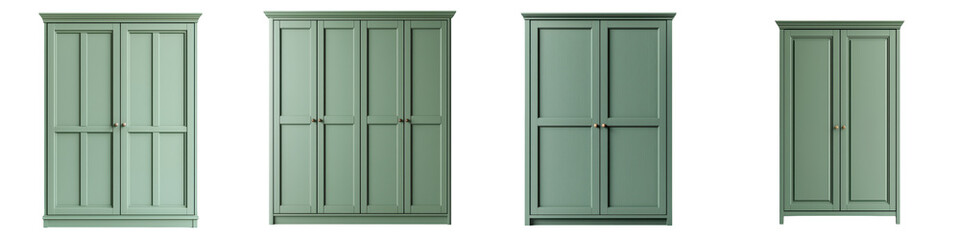 Wall Mural - Elegant green wooden vintage armoire wardrobes with shelves and drawers for storage and display in home office or cottage interior design  Classic rustic traditional style furniture piece