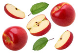 red apple (Envy Apple), half, slice and leaves isolated, fresh red apple, transparent PNG, PNG format