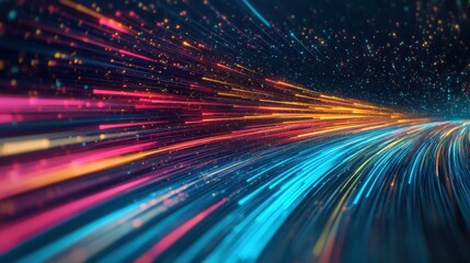 Wall Mural - colorful fiber optic light trails streak through darkness, forming vibrant patterns that suggest mov
