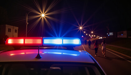 Illuminated emergency siren on vehicle with red and blue lights on deserted street at night