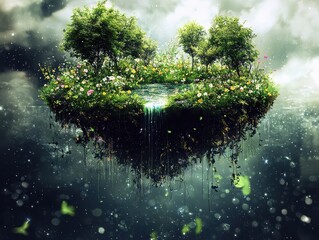 Wall Mural - a serene floating island surrounded by glowing mist. radiant wildflowers bloom in cascading waves, a