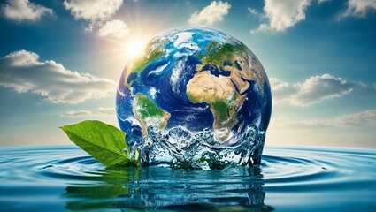 a blue 3d sphere of planet earth in the sky shows global water oceans and continents across the worl
