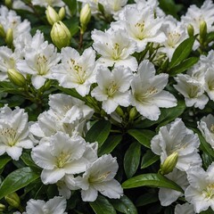 Wall Mural - A freshly bloomed white azalea flower resting on a bed of green leaves, centered on a white background.