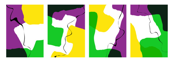 Aufkleber - Mardi Gras colors. Set of abstract backgrounds with various curved bright colored shapes and black bent lines for Fat Tuesday creative graphic design. Vector illustration.