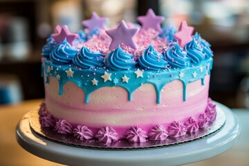 Wall Mural - Colorful birthday cake with blue and pink frosting decorated with stars and swirls