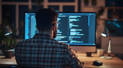 Man working late at night on computer programming code.