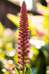 Poster - Close-up of a pink flower with green leaves, perfect for botanical or nature-themed designs